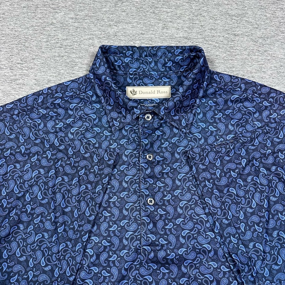 Donald Ross Polo Shirt Mens Large Blue Paisley Performance Stretch Sport Golf